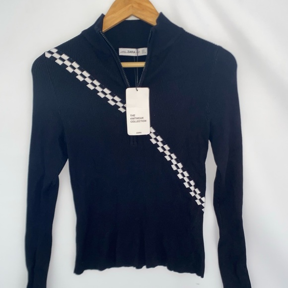 Zara black ribbed sweater checkered stripe quarter zippull over Large NWT - Picture 2 of 6